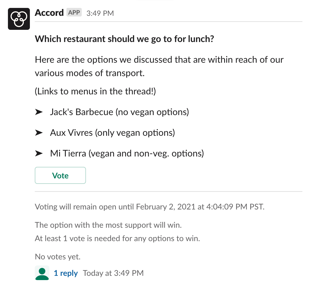An example of a decision message in Slack