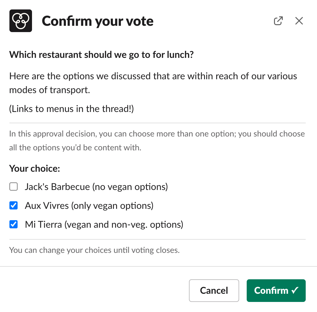 An example of an approval ballot modal in Slack