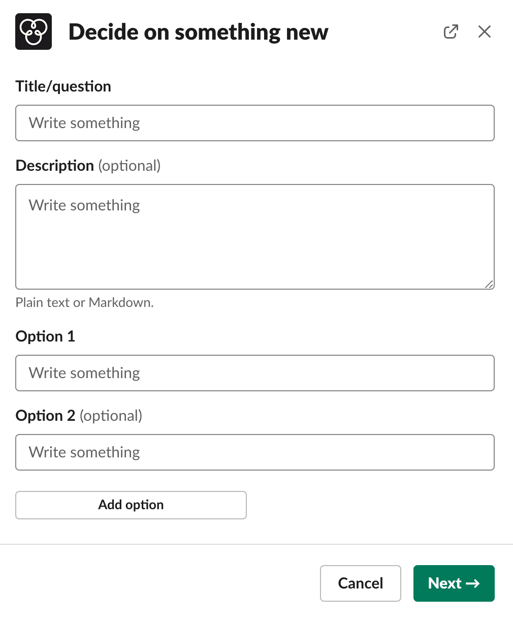 Step 1 in the decision creation modal