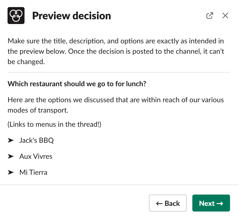 The decision post preview in the decision creation modal