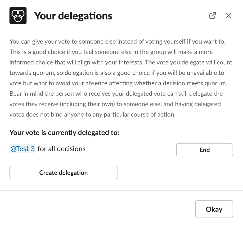 The active delegations modal in Accord for Slack
