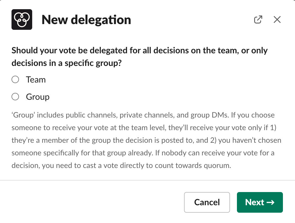 Selecting the scope of a new delegation in Accord for Slack