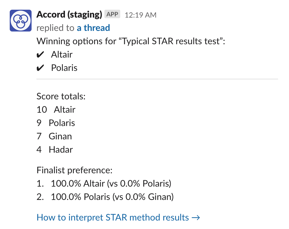 An example result summary for a STAR decision in Accord
