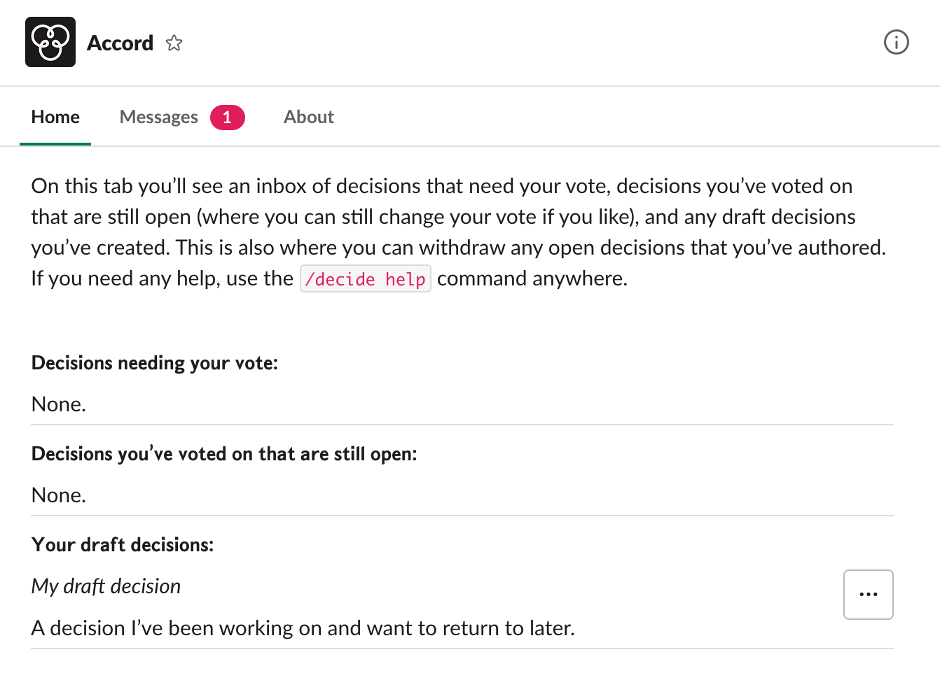 The home tab in Accord for Slack